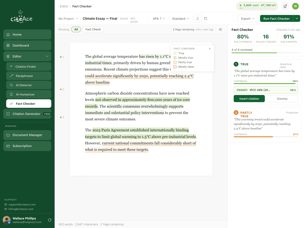 CiteAce editor — Fact Checker reviewing a climate essay with verified citations